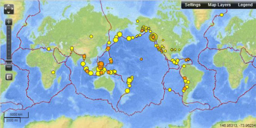 map linking information about real-time earthquakes, online catalog search of archives, seismicity maps and statistics
